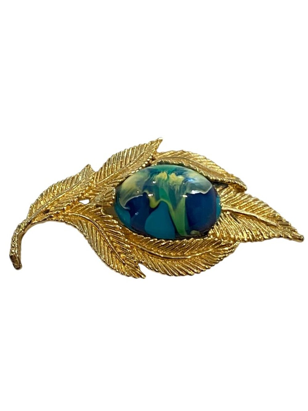 Gold-Tone Leaf Brooch With Blue & Green Swirl Cabochon 2.5 Inches Artist fermini